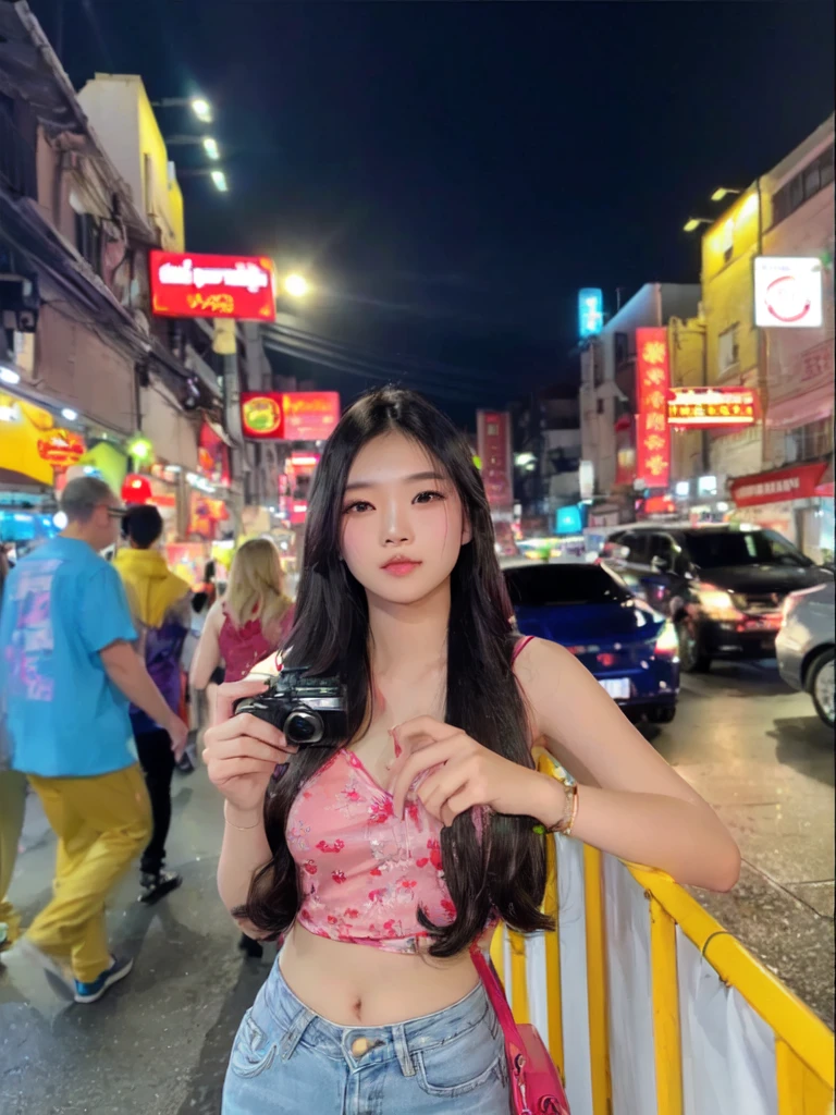 woman in pink top and jeans standing on street corner with mini camera, asian girl with long hair, 24 year old female model, 8k selfie photograph, shot on nikon z9, 8k artgerm bokeh, street pic