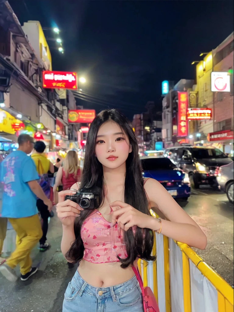 woman in pink top and jeans standing on street corner with mini camera, asian girl with long hair, 24 year old female model, 8k selfie photograph, shot on nikon z9, 8k artgerm bokeh, street pic
