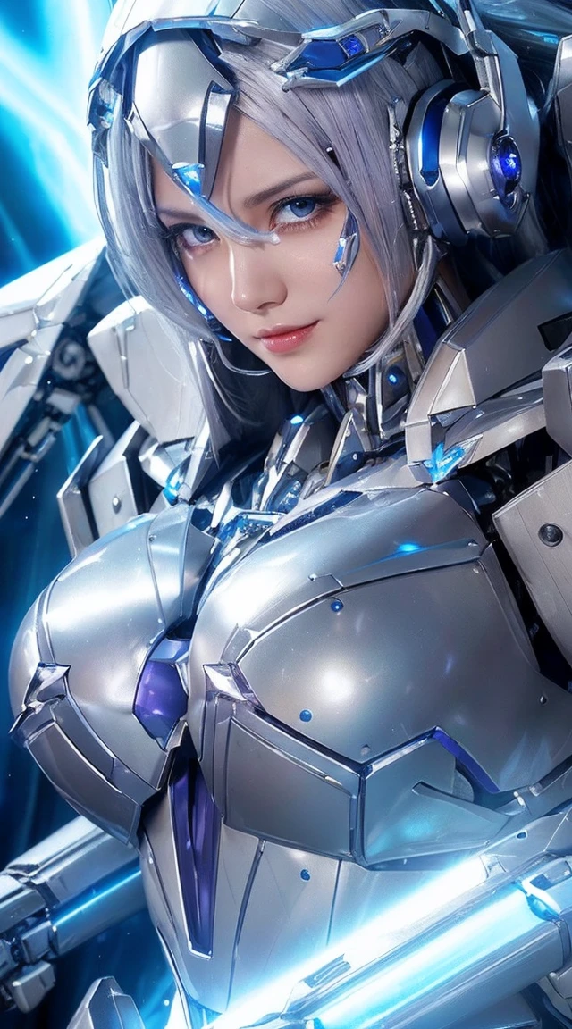 ((Extreme close up:1.6))、(((Lenses shining on both breasts:1.3)))、((Blue pillars of light radiate from both of his chests..:1.3))、break、(((Dynamic pose:1.8)))、smile、((8K)), ((32k)), ((Highest quality)), ((masterpiece)), ((超A high resolution)), ((Tmasterpiece)), ((Halation:1.4))、((Mechaニカルheadgear:1.2))、((Cyber Headphones:1.3))Fine skin, High quality fabric, High-quality metal texture、((Beautiful and dense face))、RAW Photos、Professional, Ultra-fine painting, ((alone)), Beautiful breasts、Highest quality, Very detailed, Very detailed詳細, Finer details, so beautiful, ((Princess Knight Robot:1.2)), (Joint of the machine, Mechanical Limbs:1.3), (The internal structure of the machine is exposed:1.3), (Long silver hair:1.1), (Beautiful and huge mechanical breasts)、White Veil, cowboy_shot, Side Focus, headgear, Shiny、(Five Fingers, Four fingers and thumb),Concept Art, Anime fantasy artwork, Detailed fantasy art, (with pale blue-violet hair and large white wings,,,,,,,,), (((Long silver hair))), (Mecha:1.6)、Sleek and intimidating design, ((Commander-in-Chief'arm)), (Perfect robot body)、純白と青紫のarmまたは, Symmetrical wings, 8K High Resolution, Detailed Art, 3D rendering of character art in 8K, neat legs, Defined, Defined fingers,((headshot:1.3))
