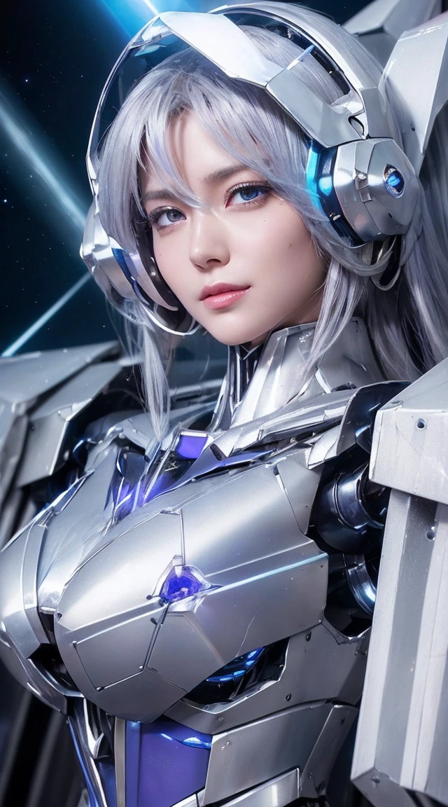 ((Extreme close up:1.6))、(((Lenses shining on both breasts:1.3)))、((Blue pillars of light radiate from both of his chests..:1.3))、break、(((Dynamic pose:1.8)))、smile、((8K)), ((32k)), ((Highest quality)), ((masterpiece)), ((超A high resolution)), ((Tmasterpiece)), ((Halation:1.4))、((Mechaニカルheadgear:1.2))、((Cyber Headphones:1.3))Fine skin, High quality fabric, High-quality metal texture、((Beautiful and dense face))、RAW Photos、Professional, Ultra-fine painting, ((alone)), Beautiful breasts、Highest quality, Very detailed, Very detailed詳細, Finer details, so beautiful, ((Princess Knight Robot:1.2)),  (Joint of the machine, Mechanical Limbs:1.3), (The internal structure of the machine is exposed:1.3), (Long silver hair:1.1), (Beautiful and huge mechanical breasts)、White Veil, cowboy_shot, Side Focus, headgear, Shiny、(Five Fingers, Four fingers and thumb),Concept Art, Anime fantasy artwork, Detailed fantasy art, (with pale blue-violet hair and large white wings,,,,,,,,), (((Long silver hair))), (Mecha:1.6)、Sleek and intimidating design, ((Commander-in-Chief&#39;arm)), (Perfect robot body)、純白と青紫のarmまたは, Symmetrical wings, 8K High Resolution, Detailed Art, 3D rendering of character art in 8K, neat legs, Defined, Defined fingers,((headshot:1.3))
