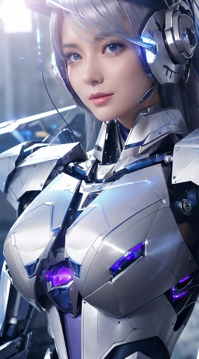 ((Extreme close up:1.6))、(((Lenses shining on both breasts:1.3)))、((Blue pillars of light radiate from both of his chests..:1.3))、break、(((Dynamic pose:1.8)))、smile、((8K)), ((32k)), ((Highest quality)), ((masterpiece)), ((超A high resolution)), ((Tmasterpiece)), ((Halation:1.4))、((Mechaニカルheadgear:1.2))、((Cyber Headphones:1.3))Fine skin, High quality fabric, High-quality metal texture、((Beautiful and dense face))、RAW Photos、Professional, Ultra-fine painting, ((alone)), Beautiful breasts、Highest quality, Very detailed, Very detailed詳細, Finer details, so beautiful, ((Princess Knight Robot:1.2)),  (Joint of the machine, Mechanical Limbs:1.3), (The internal structure of the machine is exposed:1.3), (Long silver hair:1.1), (Beautiful and huge mechanical breasts)、White Veil, cowboy_shot, Side Focus, headgear, Shiny、(Five Fingers, Four fingers and thumb),Concept Art, Anime fantasy artwork, Detailed fantasy art, (with pale blue-violet hair and large white wings,,,,,,,,), (((Long silver hair))), (Mecha:1.6)、Sleek and intimidating design, ((Commander-in-Chief&#39;arm)), (Perfect robot body)、純白と青紫のarmまたは, Symmetrical wings, 8K High Resolution, Detailed Art, 3D rendering of character art in 8K, neat legs, Defined, Defined fingers,((headshot:1.3))