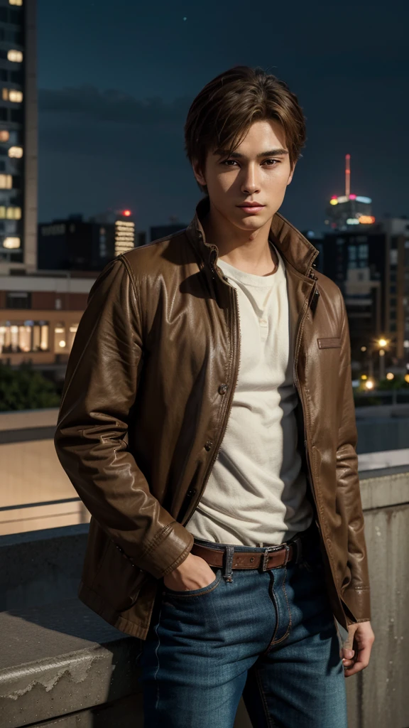 Anime, masterpiece, best quality, extremely detailed, hyperrealistic, photorealistic, Anime young boy 20 years, brown jacket, jeans, perfect face, brown hairs, realistic skin, ultra detailed face:1.1, modern city, night, megapolis, serios