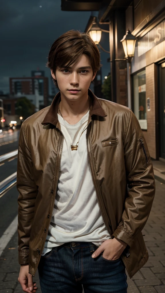 Anime, masterpiece, best quality, extremely detailed, hyperrealistic, photorealistic, Anime young boy 20 years, brown jacket, jeans, perfect face, brown hairs, realistic skin, ultra detailed face:1.1, modern city, night, megapolis, serios