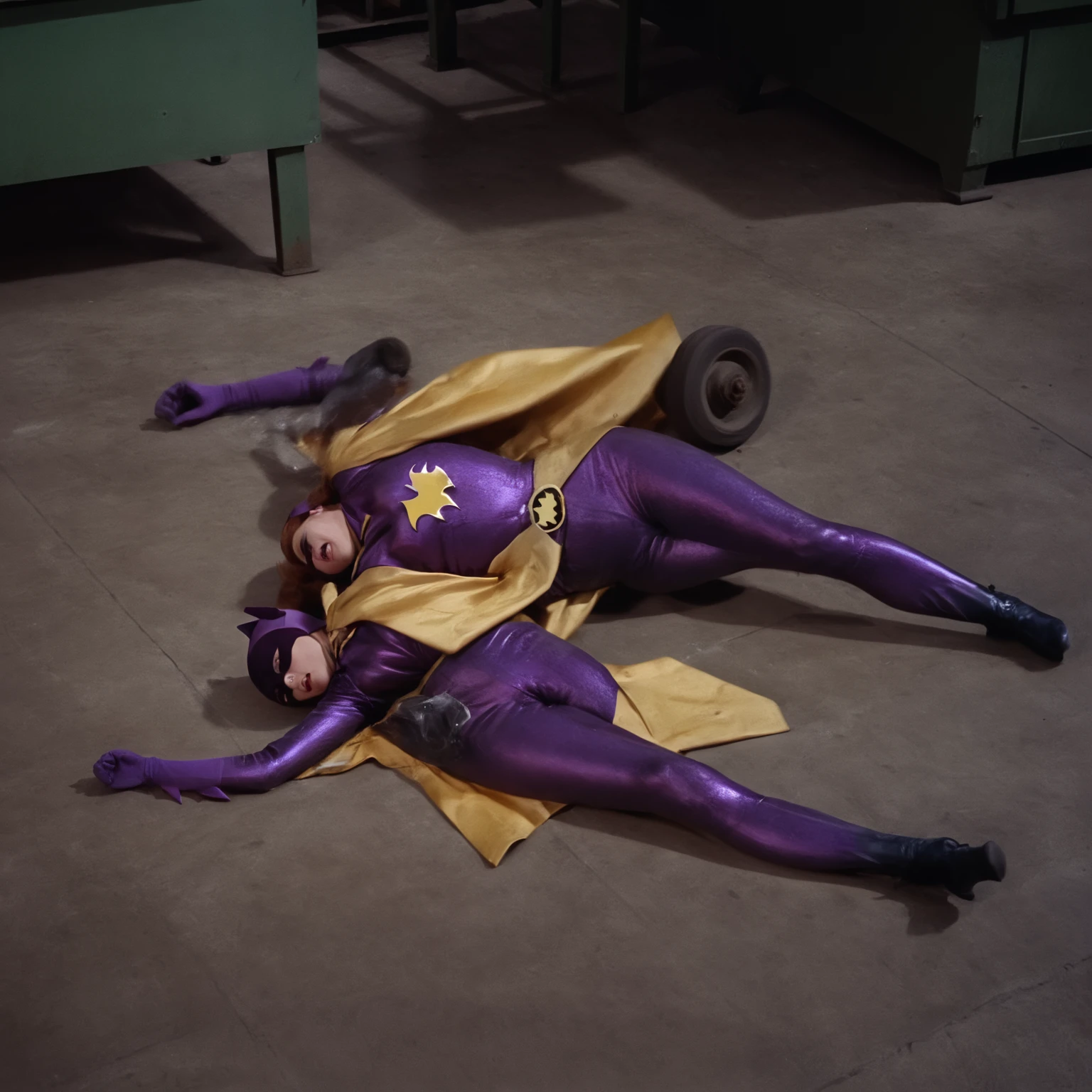 yvonne craig woman, defeated on the floor of a factory, her body leans foward, she is in pain , 60's style, analog film, snapshot, film grain