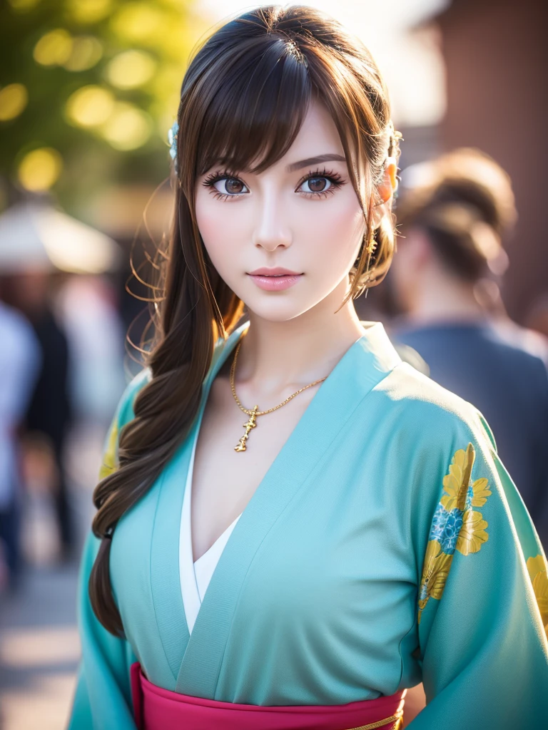 a beautiful young russian woman, detailed face, ((high quality)), photorealistic, stunning eyes, long eyelashes, flawless skin, light brown hair, tight waist, necklace, active posing, long hairstyle, vivid colors, masterpiece, best quality, confident expression, ultra-detailed, (realistic:1.37), 8K, HDR, studio lighting, physically-based rendering, professional, vivid colors, bokeh, beautiful figure, gorgeous lips, kimono,smileJapanese summer festivals