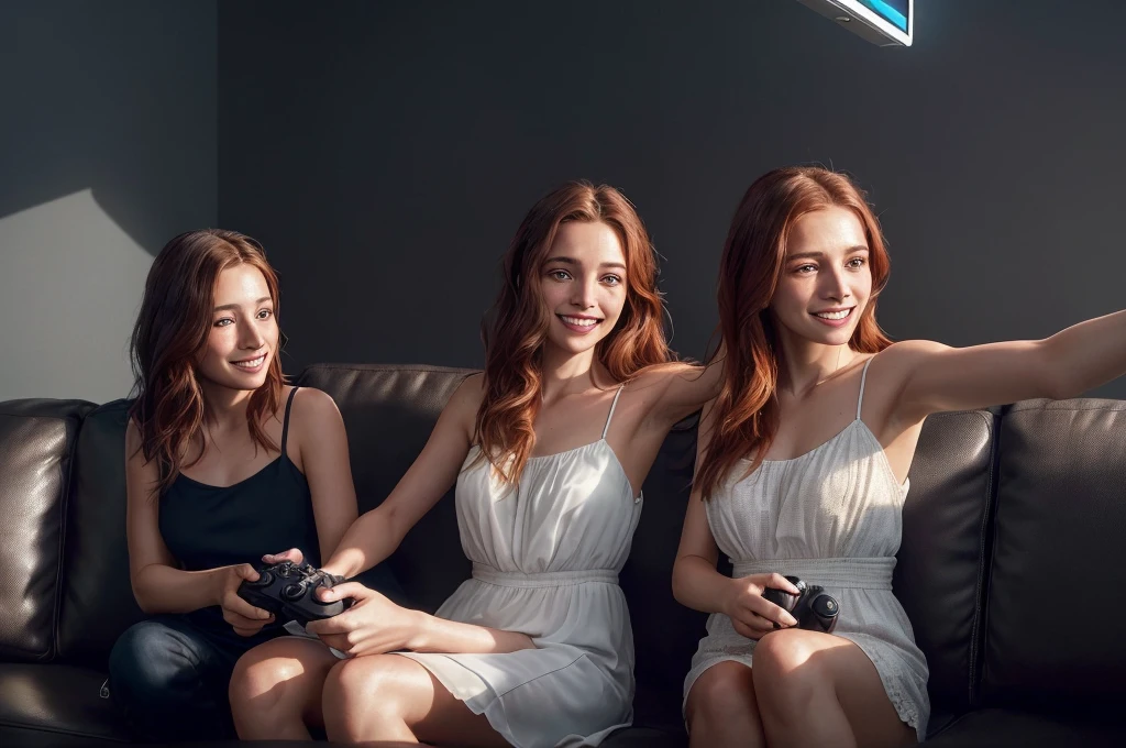 analog style, model shoot style, ((upper body:1.4)) (selfie:1.5) of a ((:1.5, white dress)), (1girl, young girl), (redhead girl, freckles, long hair), ((smile, beautiful face: 1.8, perfect face:1.5)),
(shiny body, smile), ((pretty face: 1.7, perfect face:1.7)), (best quality:1.5, hyperrealistic:1.5, photorealistic:1.4, Madly detailed CG unity 8k wallpaper:1.5, masterpiece:1.3, Madly detailed photo:1.2),
(hyper-realistic lifelike texture:1.4, realistic eyes:1.2), (octane render, unreal engine 5), (ecstasy of light and shadow:1.5, deep shadow:1.5), (sony a7, 50 mm, film grain:1.5, 4K UHD HDR),
(photo by lee jeffries, Greg Rutkowski and Magali Villanueva), (((sitting on couch, playing video games,)))