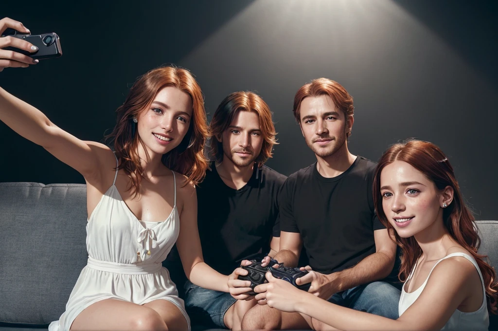 analog style, model shoot style, ((upper body:1.4)) (selfie:1.5) of a ((:1.5, white dress)), (1girl, young girl), (redhead girl, freckles, long hair), ((smile, beautiful face: 1.8, perfect face:1.5)),
(shiny body, smile), ((pretty face: 1.7, perfect face:1.7)), (best quality:1.5, hyperrealistic:1.5, photorealistic:1.4, Madly detailed CG unity 8k wallpaper:1.5, masterpiece:1.3, Madly detailed photo:1.2),
(hyper-realistic lifelike texture:1.4, realistic eyes:1.2), (octane render, unreal engine 5), (ecstasy of light and shadow:1.5, deep shadow:1.5), (sony a7, 50 mm, film grain:1.5, 4K UHD HDR),
(photo by lee jeffries, Greg Rutkowski and Magali Villanueva), (((sitting on couch, playing video games,)))