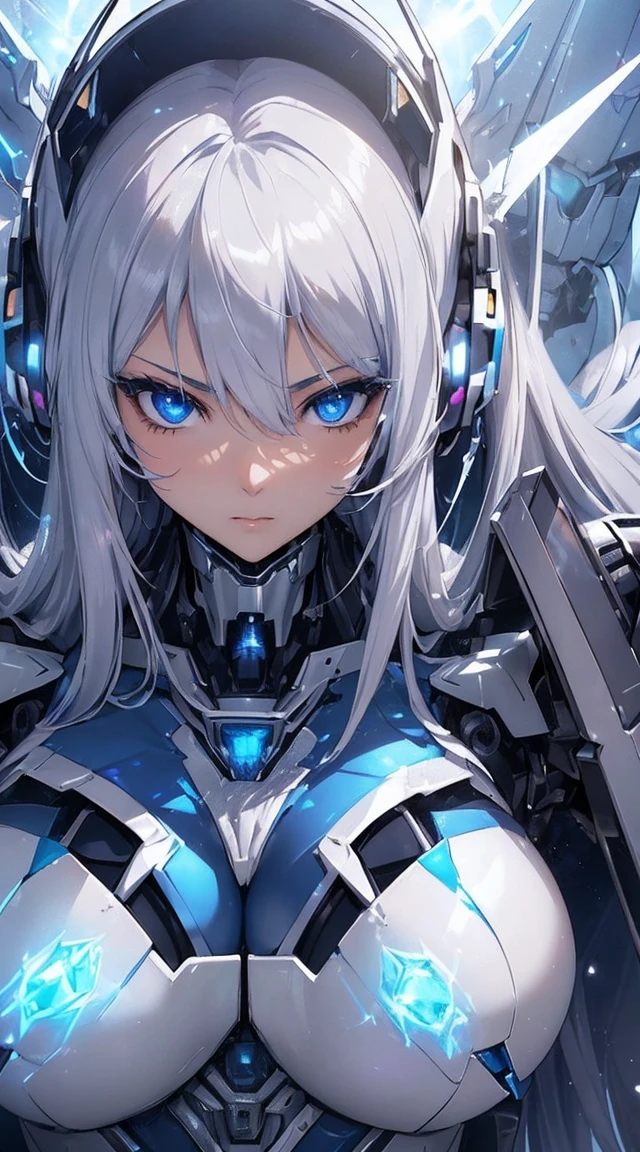 ((Extreme close up:1.6))、(((Lenses shining on both breasts:1.3)))、((Blue pillars of light radiate from both of his chests..:1.3))、break、(((Dynamic pose:1.8)))、smile、((8K)), ((32k)), ((Highest quality)), ((masterpiece)), ((超A high resolution)), ((Tmasterpiece)), ((Halation:1.4))、((Mechaニカルheadgear:1.2))、((Cyber Headphones:1.3))Fine skin, High quality fabric, High-quality metal texture、((Beautiful and dense face))、RAW Photos、Professional, Ultra-fine painting, ((alone)), Beautiful breasts、Highest quality, Very detailed, Very detailed詳細, Finer details, so beautiful, ((Princess Knight Robot:1.2)), (Joint of the machine, Mechanical Limbs:1.3), (The internal structure of the machine is exposed:1.3), (Long silver hair:1.1), (Beautiful and huge mechanical breasts)、White Veil, cowboy_shot, Side Focus, headgear, Shiny、(Five Fingers, Four fingers and thumb),Concept Art, Anime fantasy artwork, Detailed fantasy art, (with pale blue-violet hair and large white wings,,,,,,,,), (((Long silver hair))), (Mecha:1.6)、Sleek and intimidating design, ((Commander-in-Chief'arm)), (Perfect robot body)、純白と青紫のarmまたは, Symmetrical wings, 8K High Resolution, Detailed Art, 3D rendering of character art in 8K, neat legs, Defined, Defined fingers,((headshot:1.3))