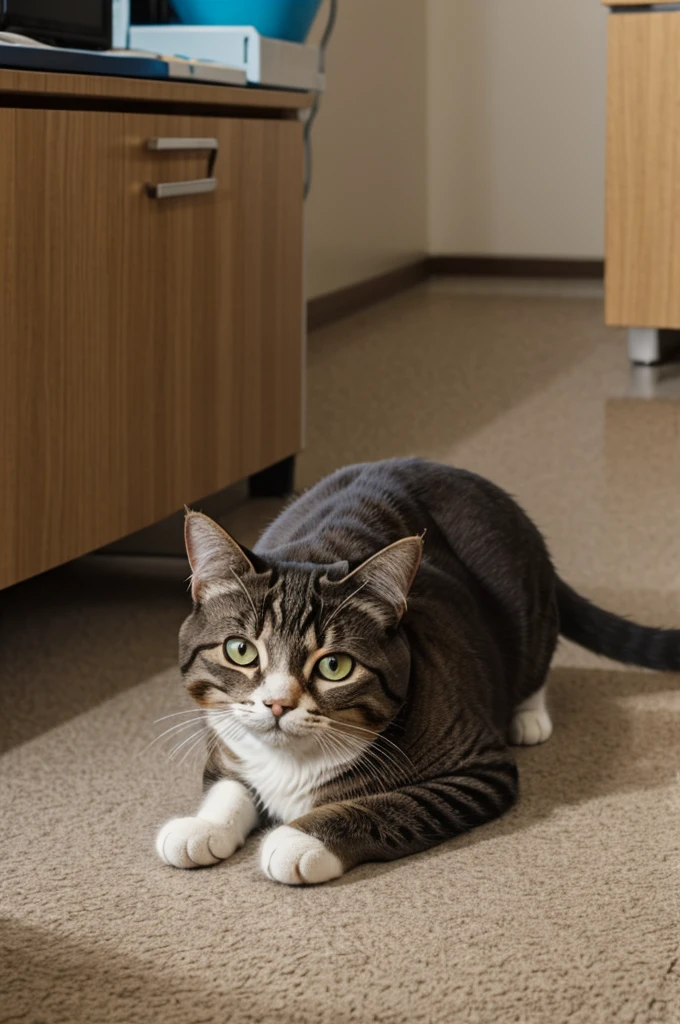 A cat in a doctor's suit at his desk doing a consultation