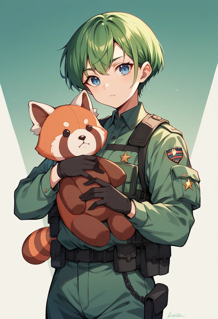 Green Hair girl Blue Eyes Short Hair Red panda stuffed toy Second Dimension anime Combat Uniform An illustration