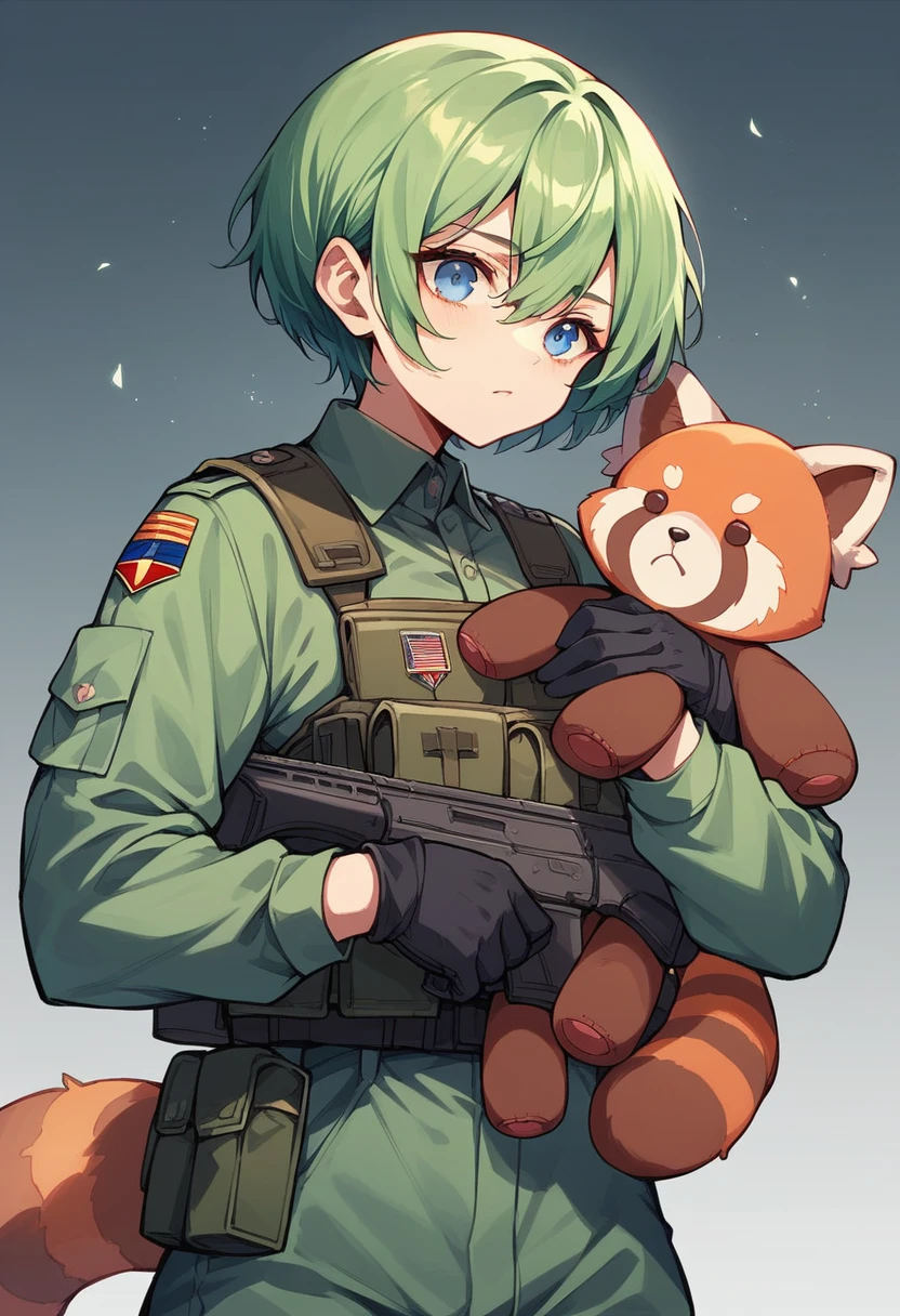 Green Hair　girl　Blue Eyes　Short Hair　Red panda stuffed toy　Second Dimension　anime　Combat Uniform　An illustration　