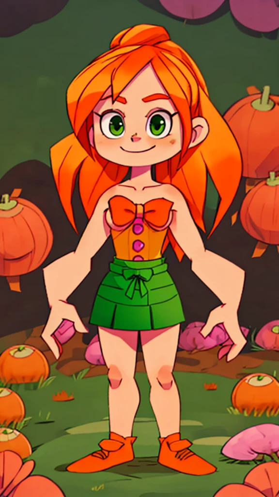 Elizabeth Afton, girl, green eyes, orange hair, long length orange hair, pink bow on her head, evil smug smile, naked, , full body, standing, outside the house. 