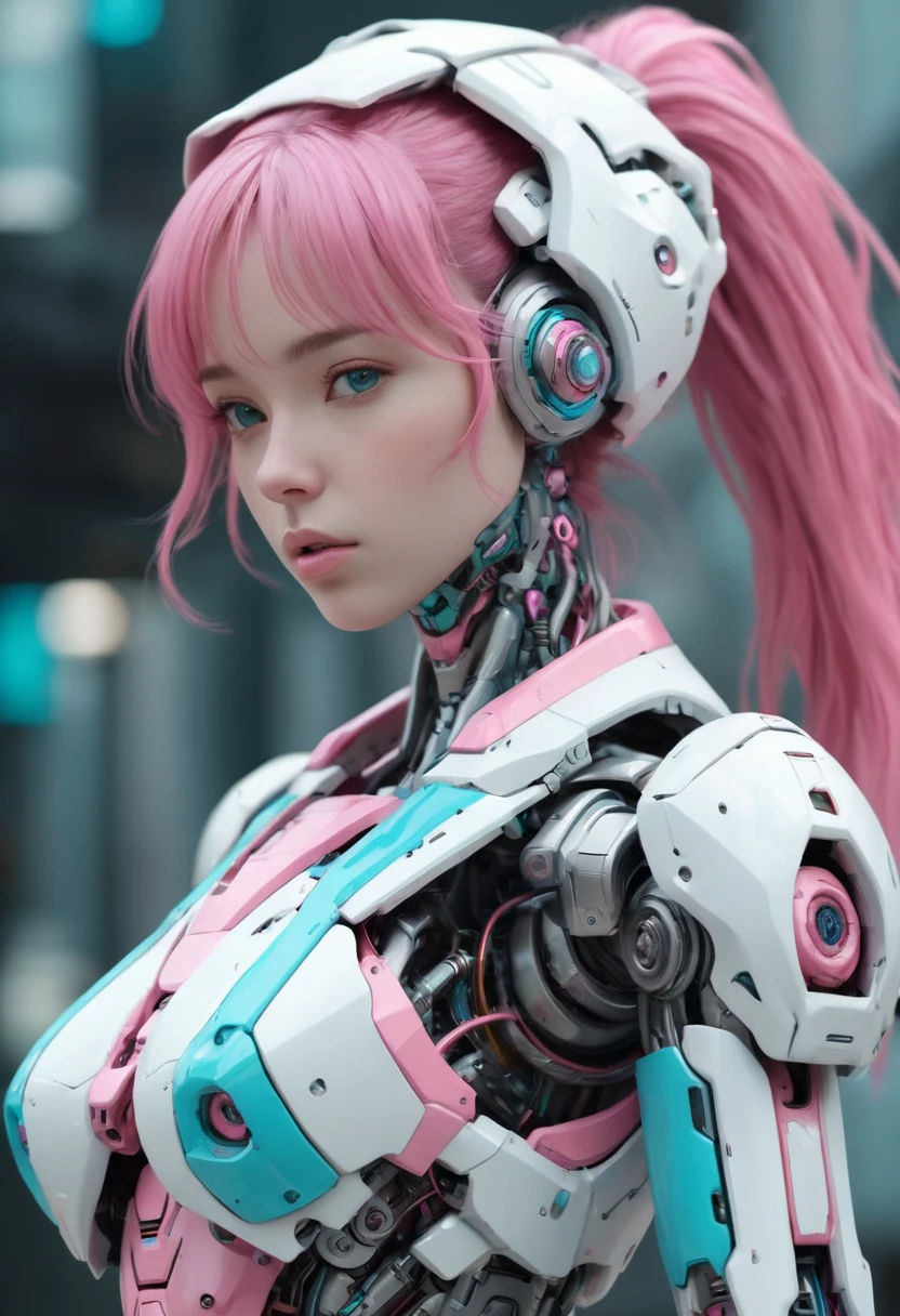 A woman, mecha body, (white, pink, cyan). best quality, masterpiece, Ultra high detail, 8k