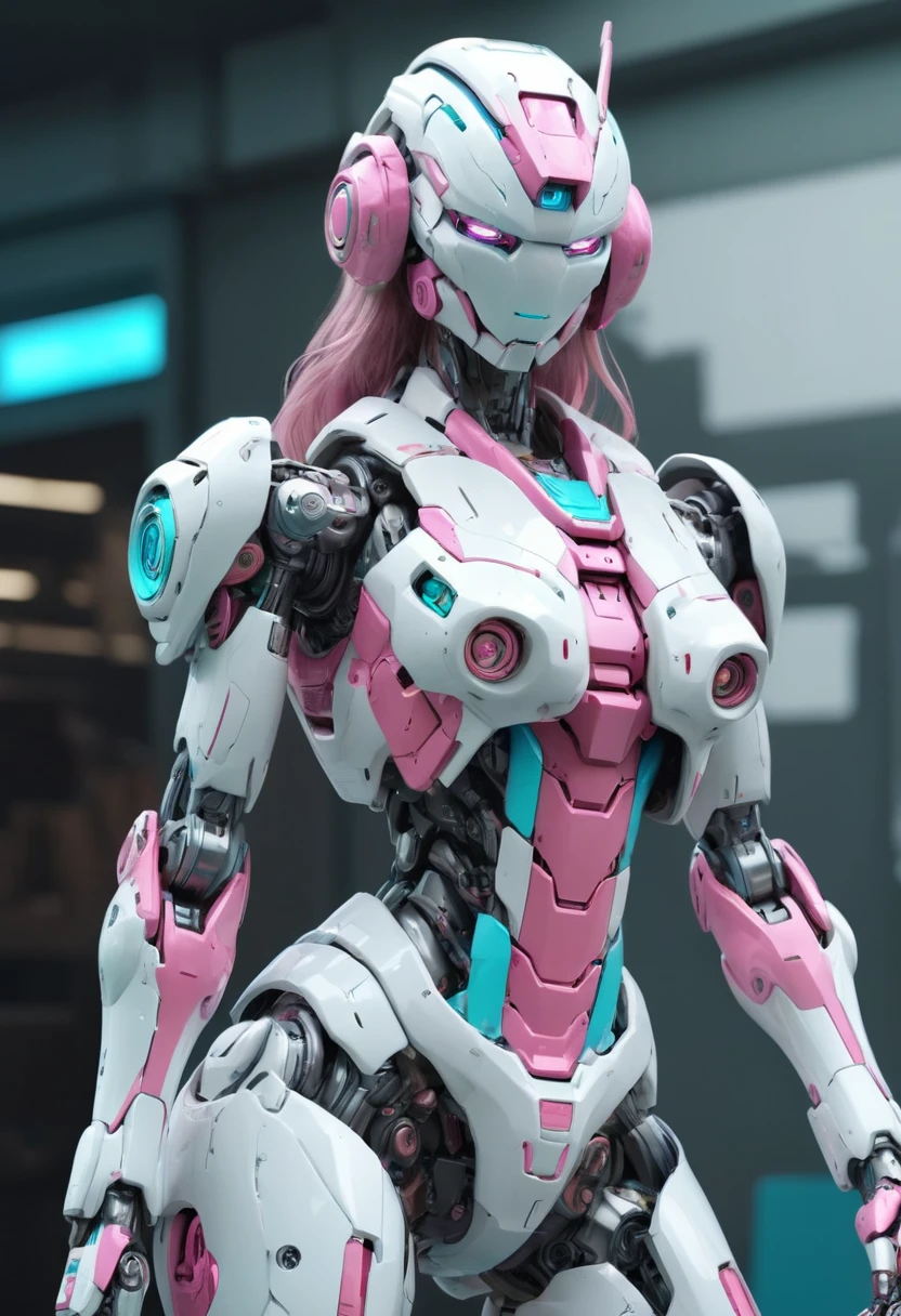 A woman, mecha body, (white, pink, cyan). best quality, masterpiece, Ultra high detail, 8k