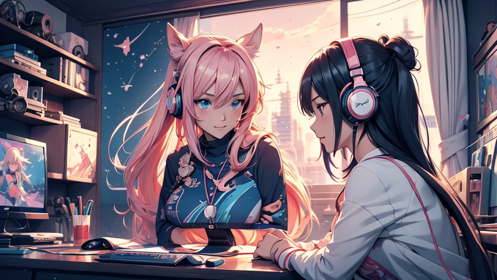 Woman wearing headphones, Anime Style 4 k, anime wallpaper 4k, anime wallpaper 4k, 4k anime wallpaper, anime art wallpaper 4k, anime art wallpaper 4k, Anime Style. 8K, Anime atmosphere, , Ultra HD Anime Wallpaper, Anime Art Wallpaper 8K, Anime Background,landscape、study、machine、room