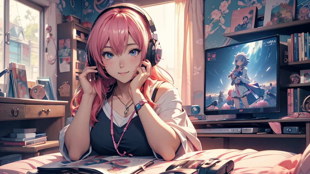 Woman wearing headphones, Anime Style 4 k, anime wallpaper 4k, anime wallpaper 4k, 4k anime wallpaper, anime art wallpaper 4k, anime art wallpaper 4k, Anime Style. 8K, Anime atmosphere, , Ultra HD Anime Wallpaper, Anime Art Wallpaper 8K, Anime Background,landscape、study、machine、room