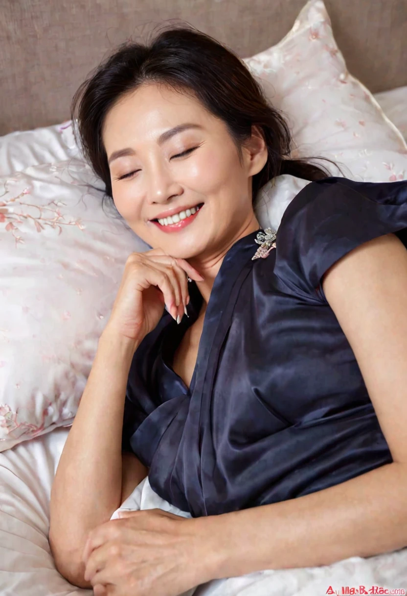 63 year old Korean woman, very tasty, very beautiful, with beautiful smile ,is sleeping in BED