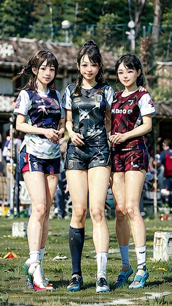 background soccer field,three woman,group shot,squat,open legs,torn uniform