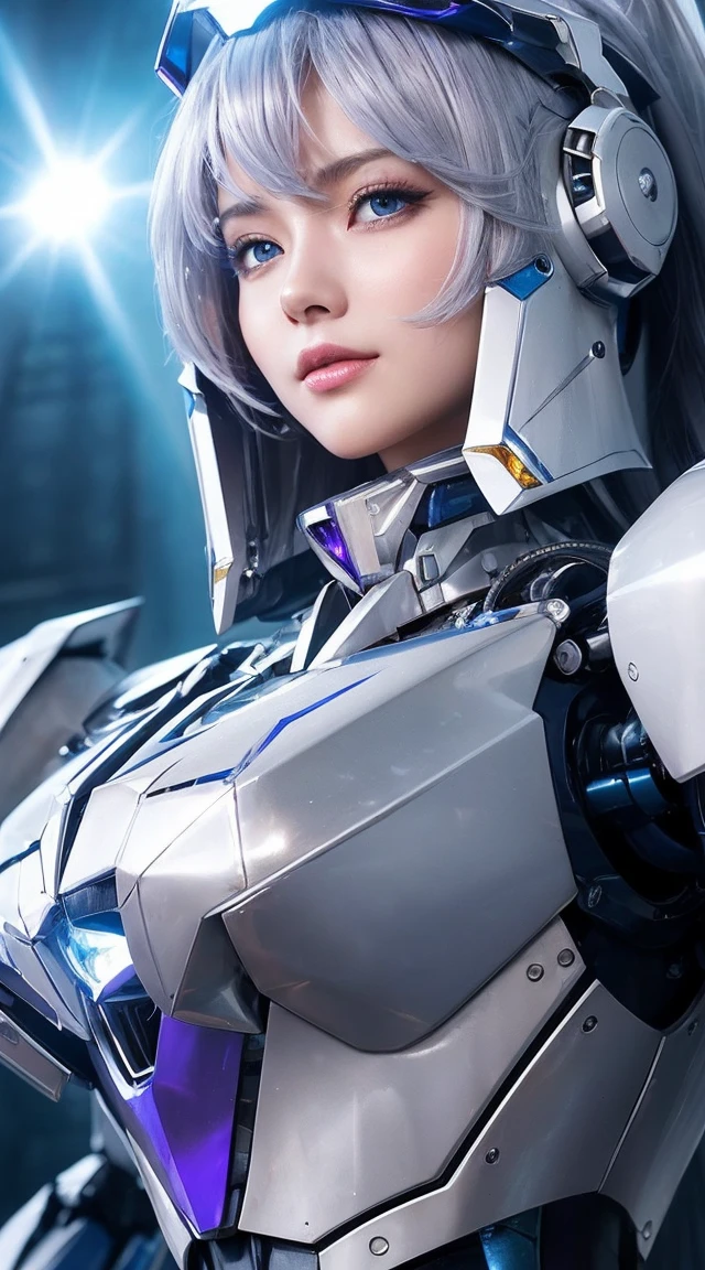 ((Extreme close up:1.6))、(((Lenses shining on both breasts:1.3)))、((Blue pillars of light radiate from both of his chests..:1.3))、break、(((Dynamic pose:1.8)))、smile、((8K)), ((32k)), ((Highest quality)), ((masterpiece)), ((超A high resolution)), ((Tmasterpiece)), ((Halation:1.4))、((Mechaニカルheadgear:1.2))、((Cyber Headphones:1.3))Fine skin, High quality fabric, High-quality metal texture、((Beautiful and dense face))、RAW Photos、Professional, Ultra-fine painting, ((alone)), Beautiful breasts、Highest quality, Very detailed, Very detailed詳細, Finer details, so beautiful, ((Princess Knight Robot:1.2)),  (Joint of the machine, Mechanical Limbs:1.3), (The internal structure of the machine is exposed:1.3), (Long silver hair:1.1), (Beautiful and huge mechanical breasts)、White Veil, cowboy_shot, Side Focus, headgear, Shiny、(Five Fingers, Four fingers and thumb),Concept Art, Anime fantasy artwork, Detailed fantasy art, (with pale blue-violet hair and large white wings,,,,,,,,), (((Long silver hair))), (Mecha:1.6)、Sleek and intimidating design, ((Commander-in-Chief&#39;arm)), (Perfect robot body)、純白と青紫のarmまたは, Symmetrical wings, 8K High Resolution, Detailed Art, 3D rendering of character art in 8K, neat legs, Defined, Defined fingers,((headshot:1.3))