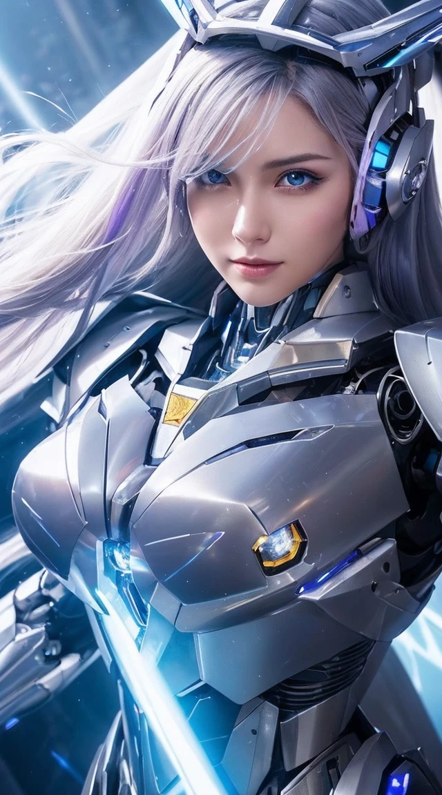 ((Extreme close up:1.6))、(((Lenses shining on both breasts:1.3)))、((Blue pillars of light radiate from both of his chests..:1.3))、break、(((Dynamic pose:1.8)))、smile、((8K)), ((32k)), ((Highest quality)), ((masterpiece)), ((超A high resolution)), ((Tmasterpiece)), ((Halation:1.4))、((Mechaニカルheadgear:1.2))、((Cyber Headphones:1.3))Fine skin, High quality fabric, High-quality metal texture、((Beautiful and dense face))、RAW Photos、Professional, Ultra-fine painting, ((alone)), Beautiful breasts、Highest quality, Very detailed, Very detailed詳細, Finer details, so beautiful, ((Princess Knight Robot:1.2)), (Joint of the machine, Mechanical Limbs:1.3), (The internal structure of the machine is exposed:1.3), (Long silver hair:1.1), (Beautiful and huge mechanical breasts)、White Veil, cowboy_shot, Side Focus, headgear, Shiny、(Five Fingers, Four fingers and thumb),Concept Art, Anime fantasy artwork, Detailed fantasy art, (with pale blue-violet hair and large white wings,,,,,,,,), (((Long silver hair))), (Mecha:1.6)、Sleek and intimidating design, ((Commander-in-Chief'arm)), (Perfect robot body)、純白と青紫のarmまたは, Symmetrical wings, 8K High Resolution, Detailed Art, 3D rendering of character art in 8K, neat legs, Defined, Defined fingers,((headshot:1.3))