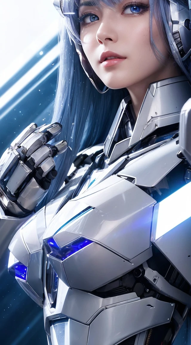 ((Extreme close up:1.6))、(((Lenses shining on both breasts:1.3)))、((Blue pillars of light radiate from both of his chests..:1.3))、break、(((Dynamic pose:1.8)))、smile、((8K)), ((32k)), ((Highest quality)), ((masterpiece)), ((超A high resolution)), ((Tmasterpiece)), ((Halation:1.4))、((Mechaニカルheadgear:1.2))、((Cyber Headphones:1.3))Fine skin, High quality fabric, High-quality metal texture、((Beautiful and dense face))、RAW Photos、Professional, Ultra-fine painting, ((alone)), Beautiful breasts、Highest quality, Very detailed, Very detailed詳細, Finer details, so beautiful, ((Princess Knight Robot:1.2)),  (Joint of the machine, Mechanical Limbs:1.3), (The internal structure of the machine is exposed:1.3), (Long silver hair:1.1), (Beautiful and huge mechanical breasts)、White Veil, cowboy_shot, Side Focus, headgear, Shiny、(Five Fingers, Four fingers and thumb),Concept Art, Anime fantasy artwork, Detailed fantasy art, (with pale blue-violet hair and large white wings,,,,,,,,), (((Long silver hair))), (Mecha:1.6)、Sleek and intimidating design, ((Commander-in-Chief&#39;arm)), (Perfect robot body)、純白と青紫のarmまたは, Symmetrical wings, 8K High Resolution, Detailed Art, 3D rendering of character art in 8K, neat legs, Defined, Defined fingers,((headshot:1.3))