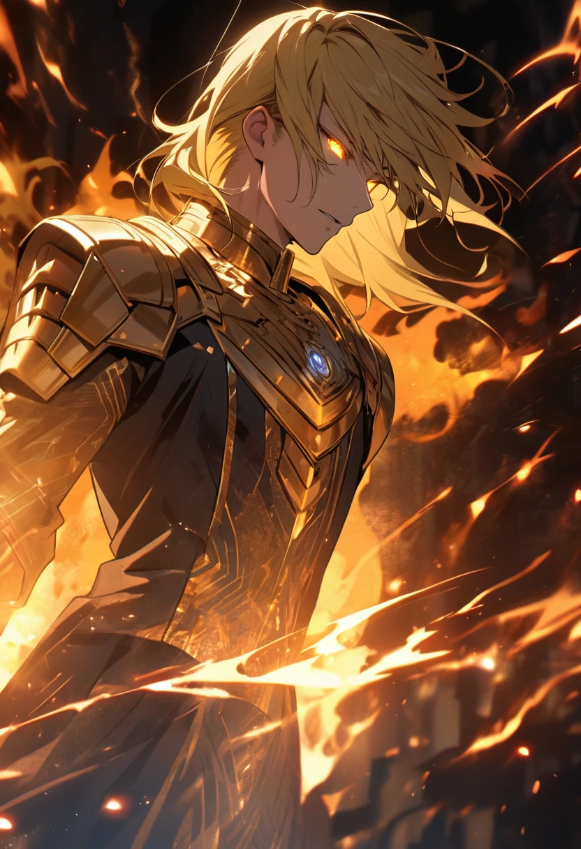 male, solo, handsome, blond hair, god, god eyes, glowing eyes, light, aura, holo, golden, side view