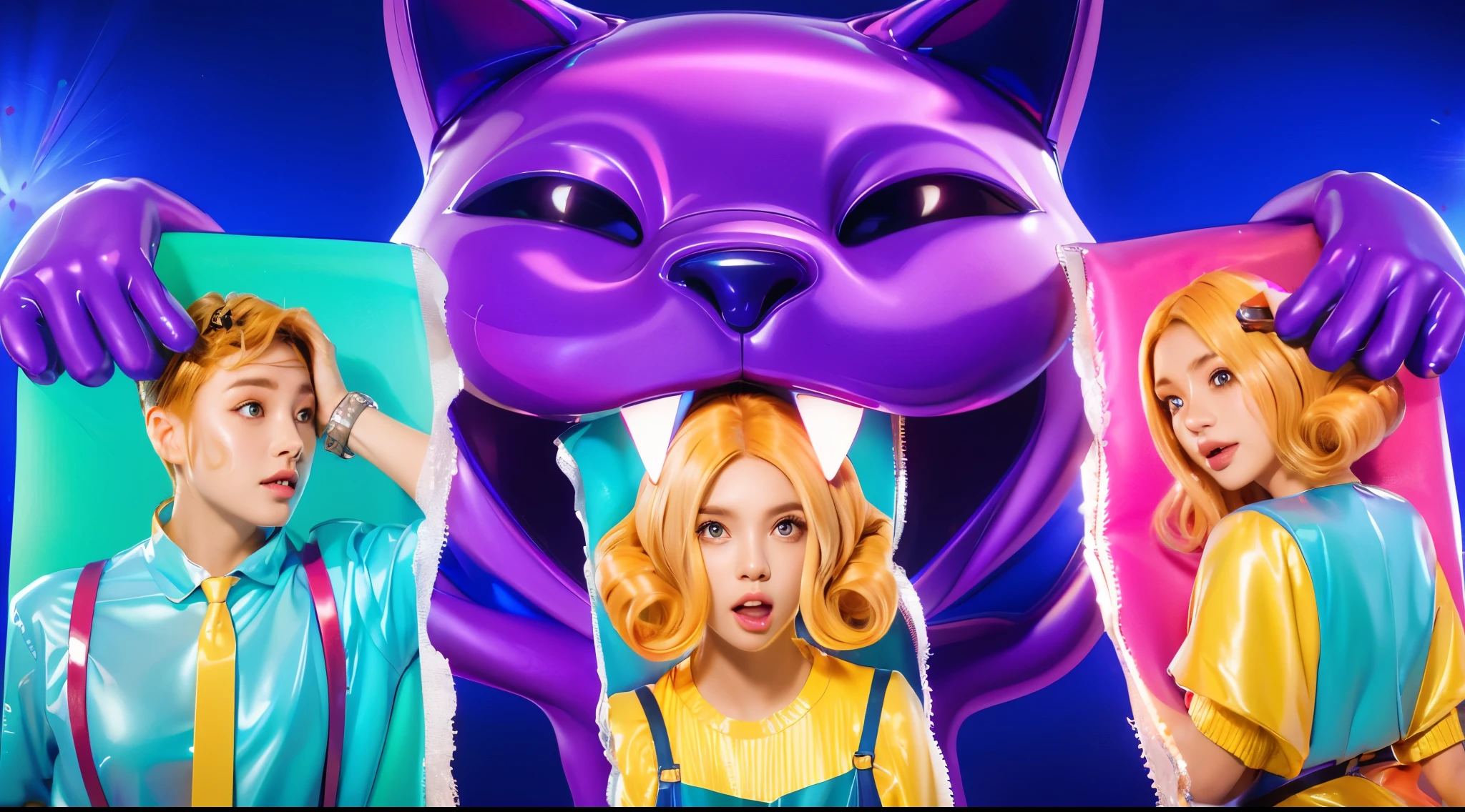 3d style, simplified design, 3d render, glossy texture, smooth 3d model, multiple light sources, rim light, sharp post effects render, (glossy plastic texture with multiple big light probe refractions), perfect cgi, smooth silhouette, high intensity refraction, (super glossy material), most beautiful vfx , blue background, plastic refractions, realistic, 4k, high resolution, rim light, photo shoot, commercial photo, profile shot, 4k, rim light, high resolution, 4k, glossy texture, smooth 3d model, multiple light sources, rim light, sharp post effects render, (glossy metallic texture with multiple big light probe refractions), perfect cgi, cgi art created only with gradients, smooth silhouette, high intensity refraction, (super glossy chrome material), most beautiful vfx, blue background, chrome metal refractions, multiple light sources, rim light, sharp post effects render, perfect cgi, digital art, detailed digital art, reflective, best quality, 4k, masterpiece:1.2, ultra-detailed, realistic, vivid colors, dark and moody lighting, The image of the highest quality, ensuring every detail is showcased perfectly. It in 4k resolution, allowing viewers to immerse themselves in the richness of the colors and intricate details. The realistic rendering. under the spotlight, reflecting, high-resolution image, realistic rendering, dark background, and rim light photorealistic The image features three characters standing in front of three houses. The characters are a red-haired mermaid, a purple cat, and an orange dog. They are each holding a yellow maraca
