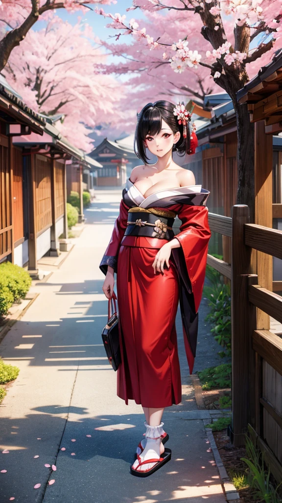 Black hair geisha hairstyle adult women，kimono，Off-shoulder，cleavage，long skirt，Bare legs，White socks，slippers，Standing，japanese town，Cherry blossoms
