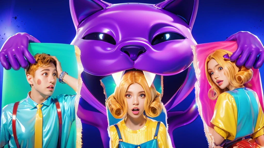 3d style, simplified design, 3d render, glossy texture, smooth 3d model, multiple light sources, rim light, sharp post effects render, (glossy plastic texture with multiple big light probe refractions), perfect cgi, smooth silhouette, high intensity refraction, (super glossy material), most beautiful vfx , blue background, plastic refractions, realistic, 4k, high resolution, rim light, photo shoot, commercial photo, profile shot, 4k, rim light, high resolution, 4k, glossy texture, smooth 3d model, multiple light sources, rim light, sharp post effects render, (glossy metallic texture with multiple big light probe refractions), perfect cgi, cgi art created only with gradients, smooth silhouette, high intensity refraction, (super glossy chrome material), most beautiful vfx, blue background, chrome metal refractions, multiple light sources, rim light, sharp post effects render, perfect cgi, digital art, detailed digital art, reflective, best quality, 4k, masterpiece:1.2, ultra-detailed, realistic, vivid colors, dark and moody lighting, The image of the highest quality, ensuring every detail is showcased perfectly. It in 4k resolution, allowing viewers to immerse themselves in the richness of the colors and intricate details. The realistic rendering. under the spotlight, reflecting, high-resolution image, realistic rendering, dark background, and rim light photorealistic The image features three characters standing in front of three houses. The characters are a red-haired mermaid, a purple cat, and an orange dog. They are each holding a yellow maraca