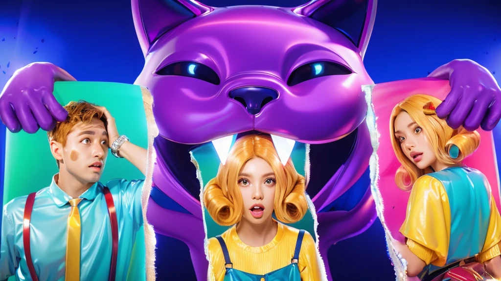 3d style, simplified design, 3d render, glossy texture, smooth 3d model, multiple light sources, rim light, sharp post effects render, (glossy plastic texture with multiple big light probe refractions), perfect cgi, smooth silhouette, high intensity refraction, (super glossy material), most beautiful vfx , blue background, plastic refractions, realistic, 4k, high resolution, rim light, photo shoot, commercial photo, profile shot, 4k, rim light, high resolution, 4k, glossy texture, smooth 3d model, multiple light sources, rim light, sharp post effects render, (glossy metallic texture with multiple big light probe refractions), perfect cgi, cgi art created only with gradients, smooth silhouette, high intensity refraction, (super glossy chrome material), most beautiful vfx, blue background, chrome metal refractions, multiple light sources, rim light, sharp post effects render, perfect cgi, digital art, detailed digital art, reflective, best quality, 4k, masterpiece:1.2, ultra-detailed, realistic, vivid colors, dark and moody lighting, The image of the highest quality, ensuring every detail is showcased perfectly. It in 4k resolution, allowing viewers to immerse themselves in the richness of the colors and intricate details. The realistic rendering. under the spotlight, reflecting, high-resolution image, realistic rendering, dark background, and rim light photorealistic The image features three characters standing in front of three houses. The characters are a red-haired mermaid, a purple cat, and an orange dog. They are each holding a yellow maraca