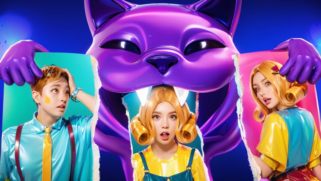 3d style, simplified design, 3d render, glossy texture, smooth 3d model, multiple light sources, rim light, sharp post effects render, (glossy plastic texture with multiple big light probe refractions), perfect cgi, smooth silhouette, high intensity refraction, (super glossy material), most beautiful vfx , blue background, plastic refractions, realistic, 4k, high resolution, rim light, photo shoot, commercial photo, profile shot, 4k, rim light, high resolution, 4k, glossy texture, smooth 3d model, multiple light sources, rim light, sharp post effects render, (glossy metallic texture with multiple big light probe refractions), perfect cgi, cgi art created only with gradients, smooth silhouette, high intensity refraction, (super glossy chrome material), most beautiful vfx, blue background, chrome metal refractions, multiple light sources, rim light, sharp post effects render, perfect cgi, digital art, detailed digital art, reflective, best quality, 4k, masterpiece:1.2, ultra-detailed, realistic, vivid colors, dark and moody lighting, The image of the highest quality, ensuring every detail is showcased perfectly. It in 4k resolution, allowing viewers to immerse themselves in the richness of the colors and intricate details. The realistic rendering. under the spotlight, reflecting, high-resolution image, realistic rendering, dark background, and rim light photorealistic The image features three characters standing in front of three houses. The characters are a red-haired mermaid, a purple cat, and an orange dog. They are each holding a yellow maraca