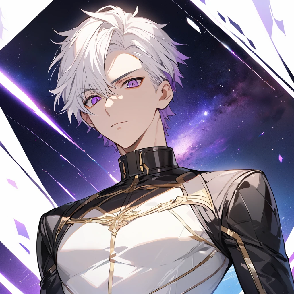 High quality, HD, 4k, no shadows, handsome male, 1male, 17 years old, teenager, golden lining, short white hair, sharp eyes, dark purple eyes, deep purple eyes, devil may cry, close up, calm expression, stoic expression, black leather clothes, white leather clothing, lean body, well trained body, upper body, looking at viewer, cowboy shot, white solar, space background