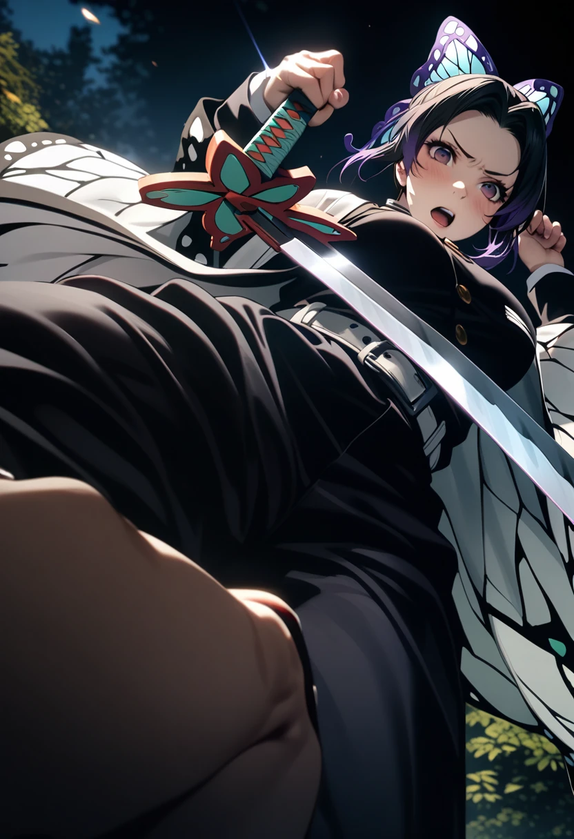 k0ch0ush1n0bu, shinobu kochou, animal print, black hair, butterfly, butterfly hair ornament, butterfly print, forehead, gradient hair, hair ornament, haori, multicolored hair, parted bangs, purple hair, short hair, two-tone hair,belt, black pants, butterfly print, coat, demon slayer uniform, haori, japanese clothes, pants, uniform,,1  japanese muscular girl,perfect hands,perfect anatomy, masterpiece, best quality,realistic, hyperrealistic, 16k hdr,medium breasts,outdoor,night,japanese old garden,(angry:0.8),red blush,dynamic pose,dynamic angle,(jump,in the air:1.2),(from below,spread legs:1.2),(holding japanese sword,butterfly shaped sword guard:1.3) 