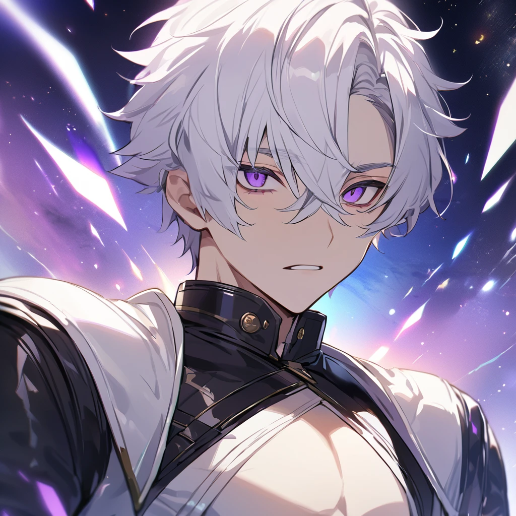 High quality, HD, 4k, no shadows, handsome male, 1male, , teenager, go lining, short white hair, sharp eyes, dark purple eyes, deep purple eyes, devil may cry, close up, calm expression, stoic expression, black leather clothes, white leather clothing, lean body, well trained body, upper body, looking at viewer, cowboy shot, white solar, space background