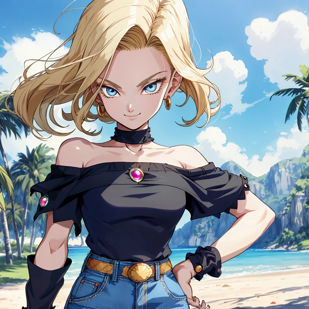 masterpiece， The best quality at its best， Super detailed， Absurd， Portrait Beautiful Android 18 DB， solo， 耳Nipple Ring， gem， (Off-the-shoulder outfit:1.5)，Cleavage， Upper body close-up，smile， String， Best， cloud， Sky Sky， Daisy， Exterior，Denim Super Shorts，Highest quality， masterpiece， Intricate details， Tone Mapping， Sharp focus， Super detailed， Art stati is trending，