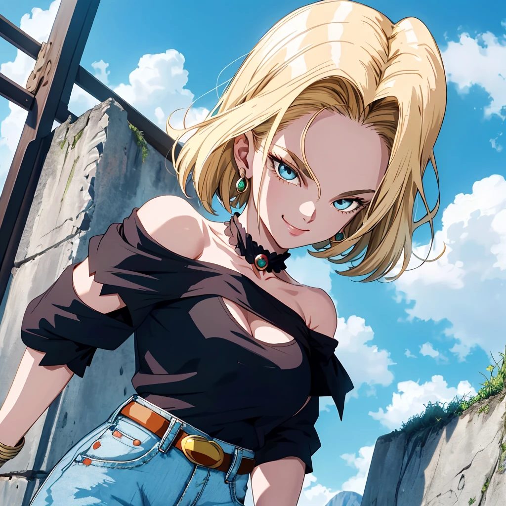 masterpiece, The best quality at its best, Super detailed, Absurd, Portrait Beautiful Android 18 DB, solo, 耳Nipple Ring, gem, (Off-the-shoulder outfit:1.5),Cleavage, Upper body close-up,smile, String, Best, cloud, Sky Sky, Daisy, Exterior,Denim Super Shorts,Highest quality, masterpiece, Intricate details, Tone Mapping, Sharp focus, Super detailed, Art stati is trending,