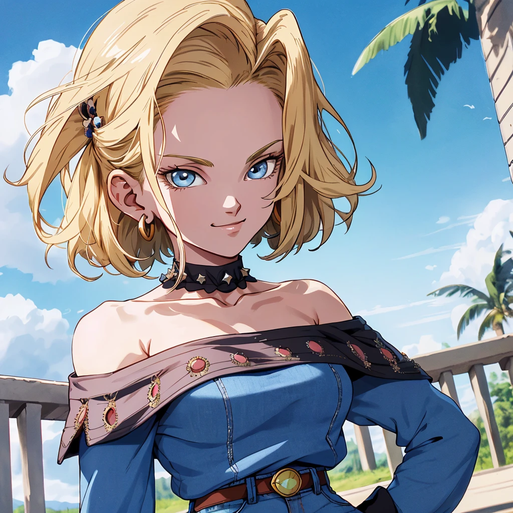 masterpiece, The best quality at its best, Super detailed, Absurd, Portrait Beautiful Android 18 DB, solo, 耳Nipple Ring, gem, (Off-the-shoulder outfit:1.5),Cleavage, Upper body close-up,smile, String, Best, cloud, Sky Sky, Daisy, Exterior,Denim Super Shorts,Highest quality, masterpiece, Intricate details, Tone Mapping, Sharp focus, Super detailed, Art stati is trending,