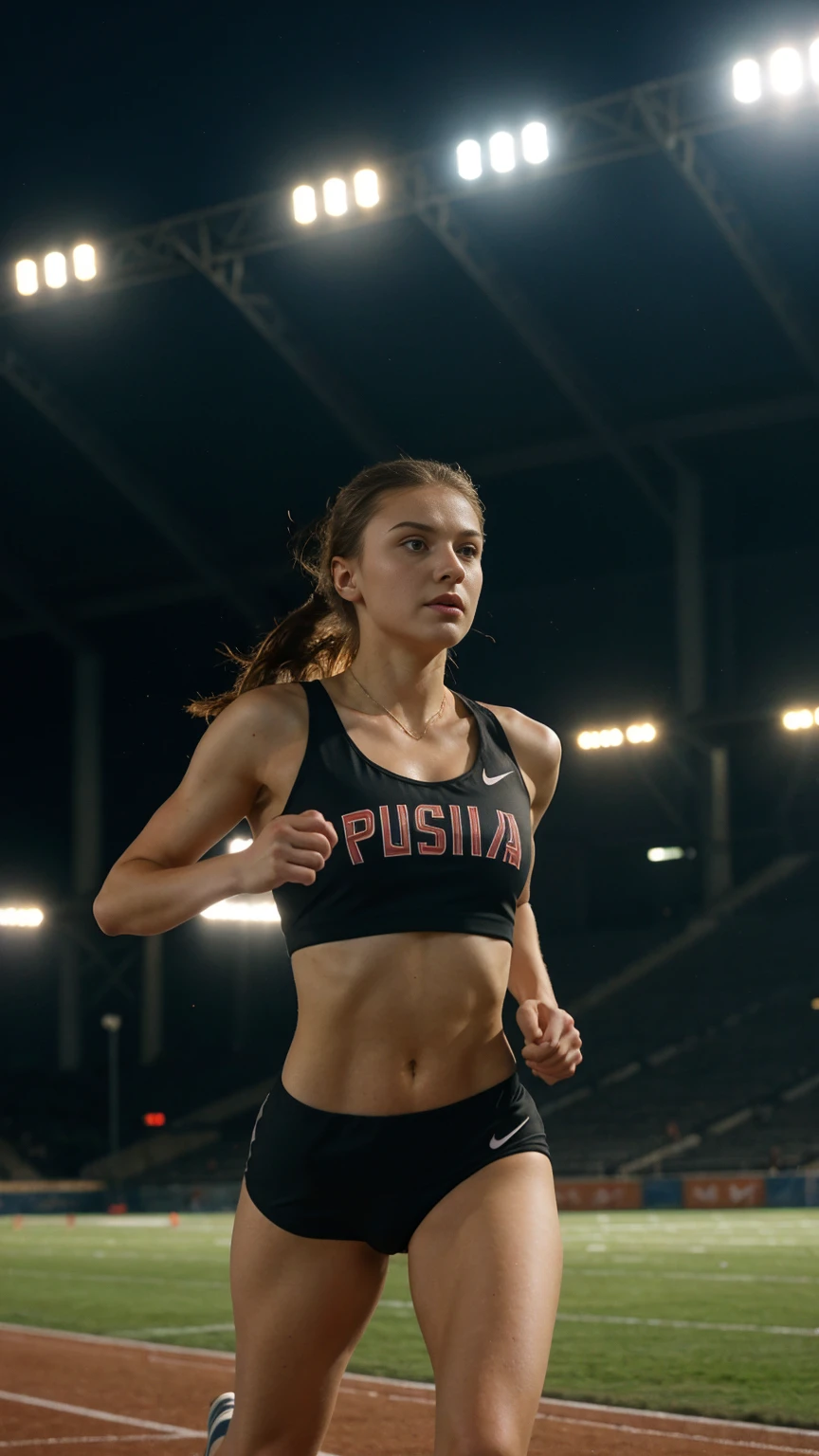 russian, beautiful mature college girl, ((athletic sports:1.2)), athletic sports wear, in stadium, track, ((a running figure)), very fast, motion blur, challenge, outside on track field, photorealistic, cinematic lighting, dark atmosphere, volumetric lighting, action pose, epic scene, nike advertising photography, just do it campaign