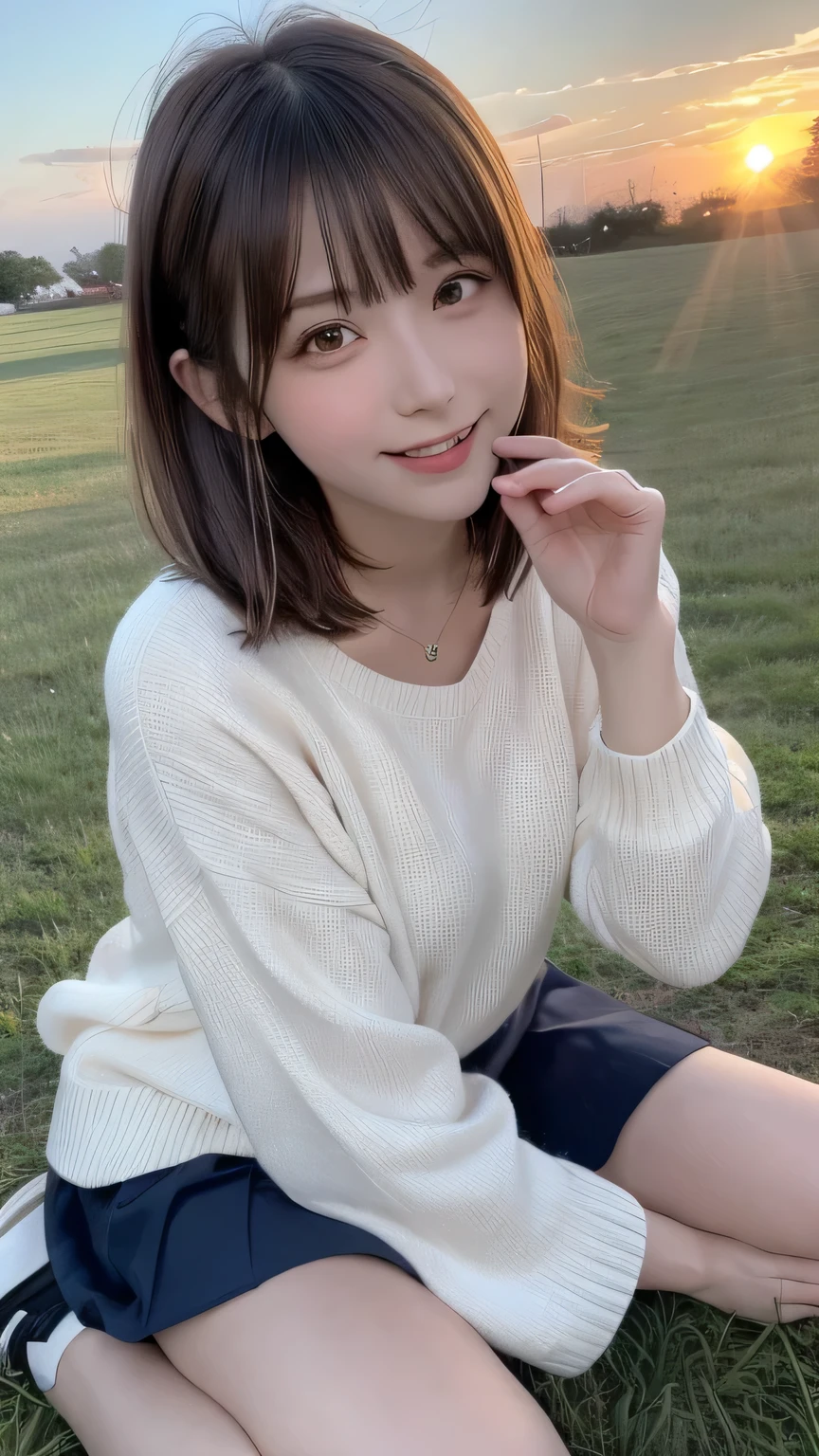 closeup shot , Best picture quality (8K, high resolution, Masterpiece: 1.2), super detailed, 215 Short Hair, 16-year-old woman,
situation: In the sunset-colored grassland、A woman blowing soap bubbles。
clothing: Long skirt、Lightweight sweater、sneakers。
angle:
Close-up: Soap bubbles illuminated by the setting sun、A detailed view of a woman's face against a sunset。
Detailed depiction: The beautiful sunset sky、With the vast grassland as a background、Emphasise the romantic atmosphere。
Emotional moment: Enjoying the sunset and bubbles、Capture the moment soap bubbles sparkle in the light of the setting sun。
, Close-up of face
, random cute pose ,big eyes ,Puffy eyes , Heart Pupil, blush , huge shy smile , salute