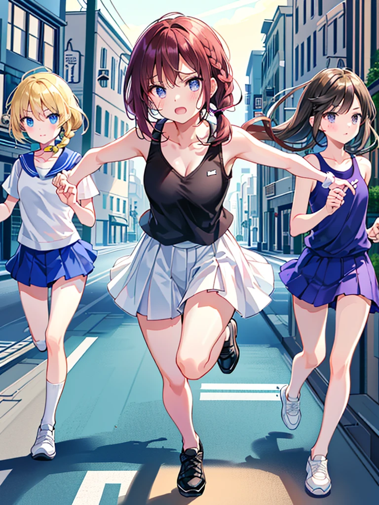 Highest quality、High resolution、Detailed Background、(Beautiful face in every detail:1.4)、Anatomically correct、(Detailed facial expressions)、(fine grain:1.2), shoot from below:1.5, Teenage Beauty、Cute hair color、Braided Ponytail、Braided bob cut、Braided twin tails、Lower grade primary school students, (Tank top、Vneck、mini skirt、Cute Shoes)、Perfect body line、(Running for his life:1.5、Sprinting:1.5)、(I have tears in my eyes:1.5、Screaming and looking like she's about to cry)、The wind flows、Cloud flow、Light flow、