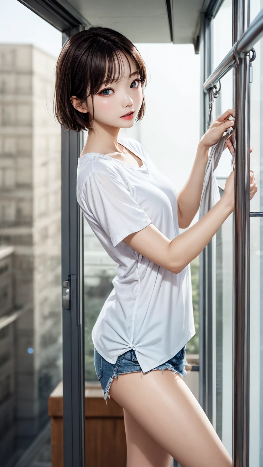 Young wife hanging out laundry on the balcony、Super detailed、Particles of light:0.5、Shiny and smooth skin texture、Put your hands on the railing、Beautiful clear blue eyes、dorsal position、Mouth half open、Natural Texture、Short Hair、、Mature slender beauty、Small breasts、Dignified face、Boyfriend Shirt