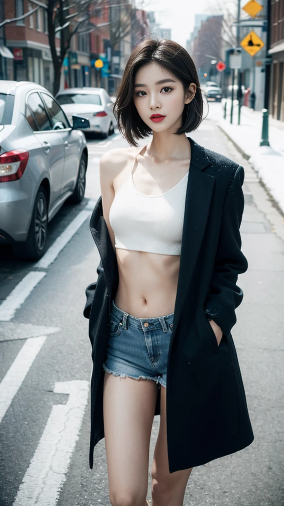 best quality, 4K, 8K, Delicate face, Clear face, pretty girl, Korean Makeup, Red lips, lol, Perfect body,Shoulder-length black short straight hair,Small Breasts,thigh,Slim,Thin, The girl wore a long and wide coat, Under the jacket is a top tube and tight shorts, Lower abdomen, Snow Scene, winter, street,