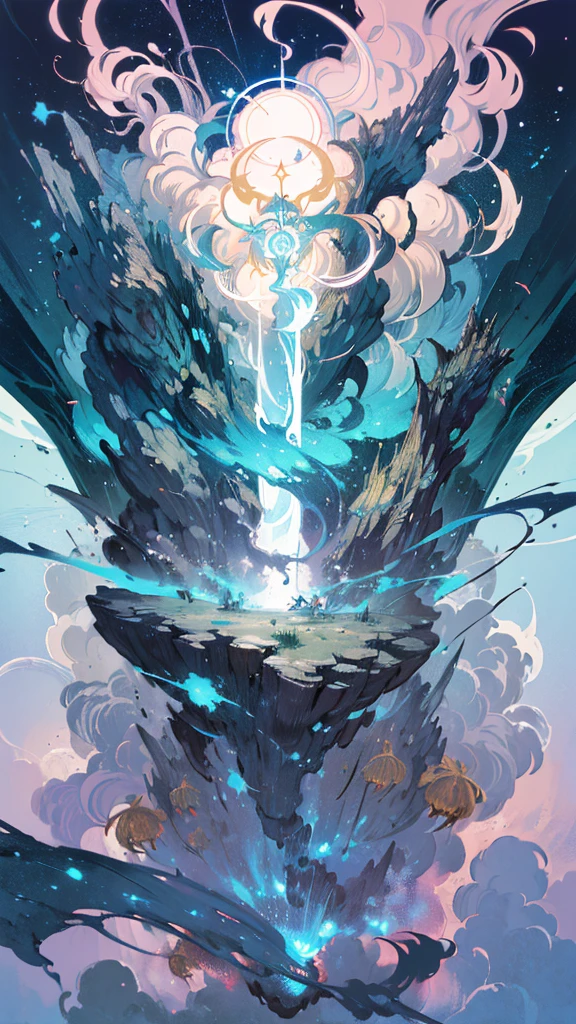 (​masterpiece、top-quality、Official art:1.2)、Look at viewers、(small god))、（Wizard's Clothing，colorless hair）（storm magic!! ︎），mysterious island、light group），floating colorful air、(2D:1.5)