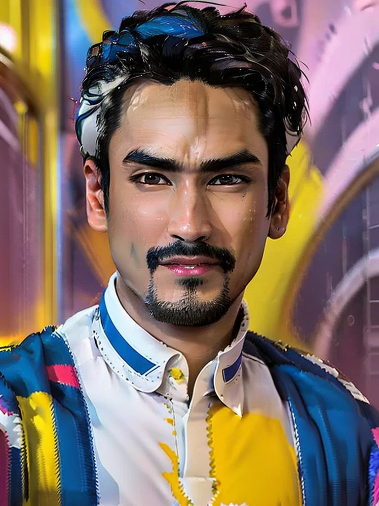 a young asian man with clear facial features, no moustache, no beard, Nadech Kugimiya face, wearing an off-white traditional arabian thawb robe with full sleeve and white cloak, standing in an abstract neon colored background, looking up at the sky with a solemn expression, extremely detailed beautiful eyes, beautiful detailed lips, extremely detailed facial features, long eyelashes, photorealistic, 8k, high quality, dramatic cinematic lighting, vibrant neon colors, surreal, hyper detailed