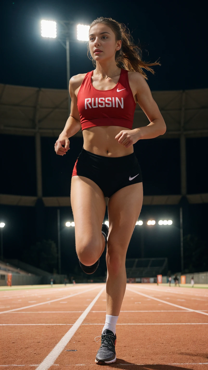 russian, beautiful mature college girl, ((athletic sports:1.2)), athletic sports wear, in stadium, track, ((a running figure)), very fast, motion blur, challenge, outside on track field, photorealistic, cinematic lighting, dark atmosphere, volumetric lighting, action pose, epic scene, nike advertising photography, just do it campaign