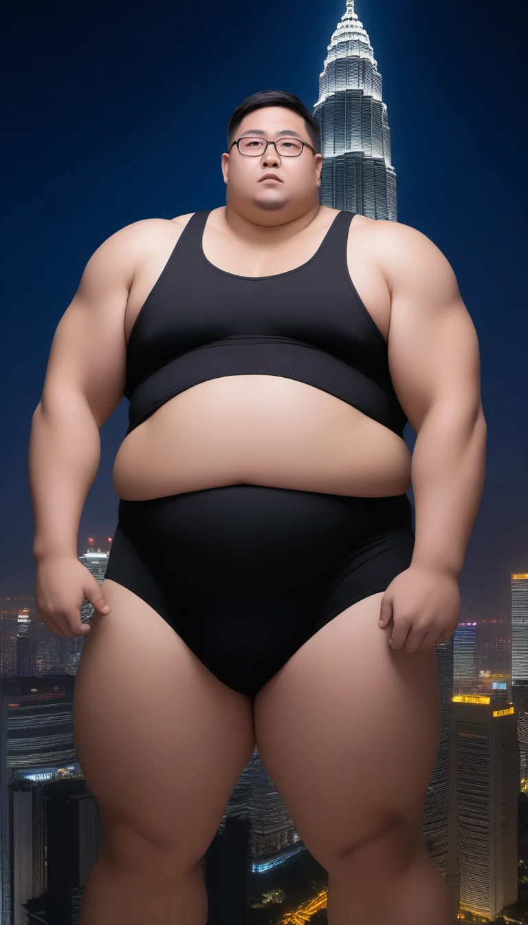 A fat man,Obsessed with the eyes,Black round glasses,short hair,Round inches,Big round face,Very large and well-developed chest muscles,Big full belly,Standing on the twin towers of Kuala Lumpur at night,The upper body is bare,Wearing black briefs with a bulge in the crotch,Oriental male,full-body shot