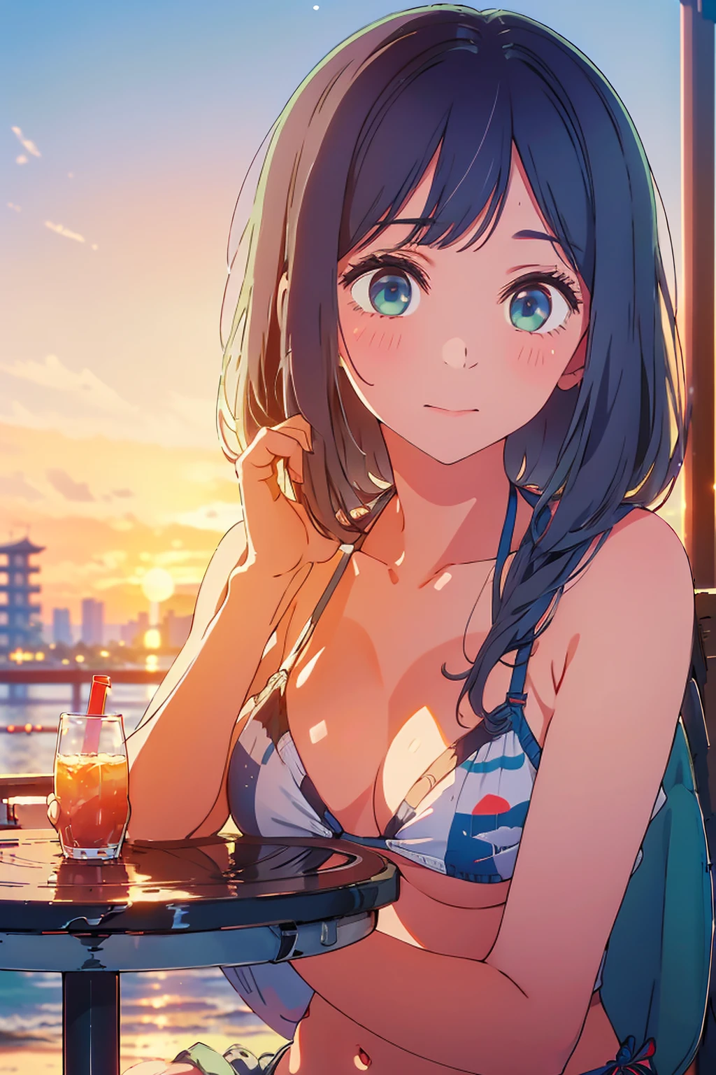 (Highest quality:1.4、masterpiece:1.4、Super detailed:1.4、8K:1.4)、F cup bust、Big Breasts、Slim body、((((1 person、Surprised expression、sit、In the background are the urban buildings of Tokyo、Looking at the camera、Outdoor café terrace、Sunset Beach、Navy hair color、Photographing the upper body、juice、table、sunset、Very cute face))))、(Plain bikini size small:1.4)、Big eyes、((((Shallow depth of field))))、Holding a glass