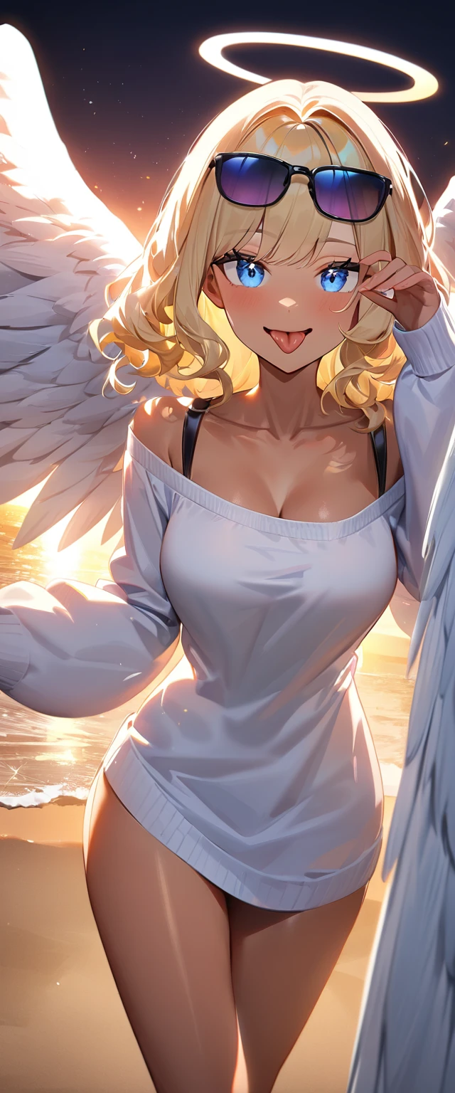 (((One girl))), (((cowboy shot))), ((tanned skin:1.3)), ((sunglasses, hand to sunglasses)), ((angel, big big white wings:1.2, halo:1.3)), open mouth, ((stick out tongue)), ((wavy hair, outward curled hair)), evening, Sunset, sea, beach, ((blond hair, bob cut:1.3)), big breasts, teenager, (looking at viewer), oversized clothes, puffy long sleeves, collarbone, ((off-shoulder sweater dress:1.3, Quite thick shoulder straps)), (((sleeves past wrists:1.3))), ((white sweater)), collarbone, head tilt:1.3, (((blue eye))), ((happy smile)), (((anime style))), (best quality, 4K, 8K, highres, masterpiece:1.2, ultra-detailed, ultra-detailed eyes, HDR, uhd, studio lighting, ultra-fine painting, sharp focus, physically-based rendering, extreme detail description, professional, vivid colors, bokeh), ((Highest quality, Best image quality, Ultra-high resolution, Ultra-high resolution, solo, Strong eye highlights)), Depth of written boundary, Natural soft light, attractive, Beautiful Face, Cleanliness, Pure Face, medium chest, Beautiful Face, Perfect Fingers, Perfect hands, Perfect body, Perfect Face, Shine a light into your eyes, Perfect Anatomy