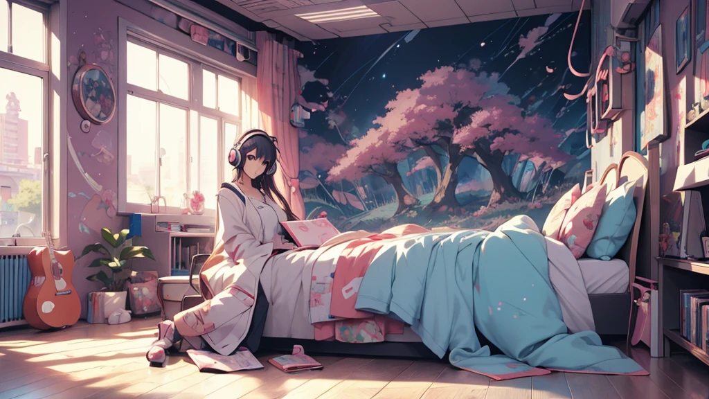 Woman wearing headphones, Anime Style 4 k, anime wallpaper 4k, anime wallpaper 4k, 4k anime wallpaper, anime art wallpaper 4k, anime art wallpaper 4k, Anime Style. 8K, Anime atmosphere, , Ultra HD Anime Wallpaper, Anime Art Wallpaper 8K, Anime Background,landscape、study、machine、room