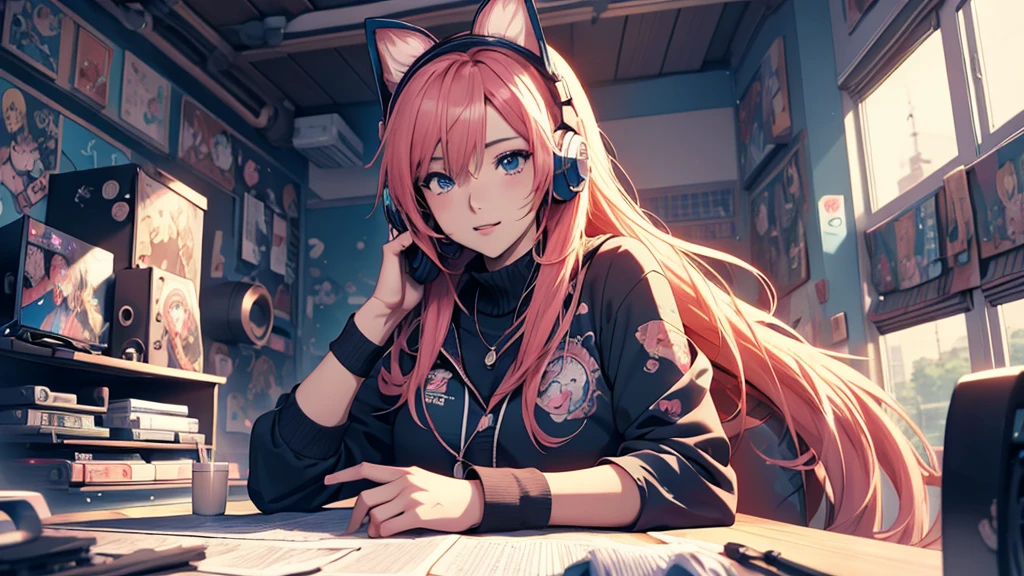 Woman wearing headphones, Anime Style 4 k, anime wallpaper 4k, anime wallpaper 4k, 4k anime wallpaper, anime art wallpaper 4k, anime art wallpaper 4k, Anime Style. 8K, Anime atmosphere, , Ultra HD Anime Wallpaper, Anime Art Wallpaper 8K, Anime Background,landscape、study、machine、room